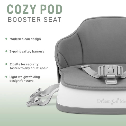 Cozy 636 3-Point 2 Dream On Me Pod Baby Booster Seat for Months, Portable Travel Booster Chair with Safety Harness
