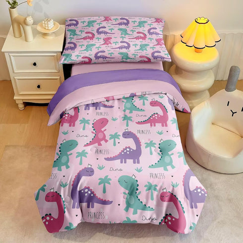 4 Piece Toddler Dinosaur Bedding Set for Girls,Pink Dino Toddler Comforter Sets