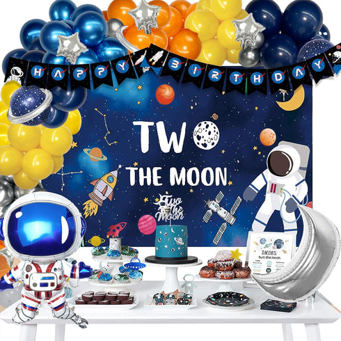 Fiesec 130 Two the Moon Birthday Boy PCs Outer Space Second Birthday Party Supplies with Backdrop, Cake Topper