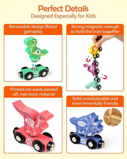 Helsort Set, Counting 3-5 Wooden Dinosaur Train Magnetic Dinosaur Toys and Number Train for Toddlers, Educational