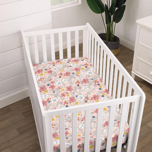 Soft Floral Mini Crib Sheet in Happy Pink & White