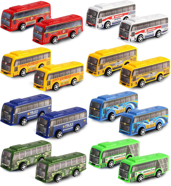 HSMQ 16 Pcs Pull Back City Bus Vehicles Toys Set, Mini Pull Back