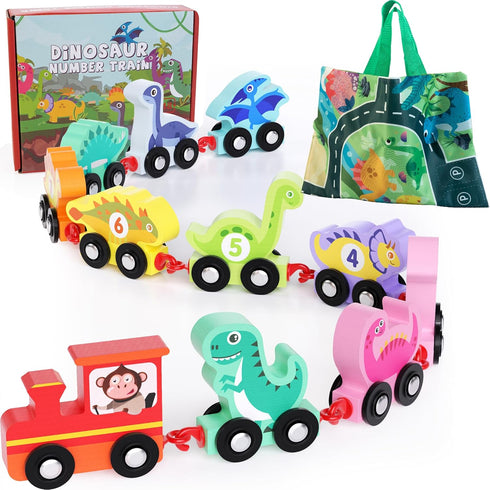 HELLOWOOD Dinosaur Toys for Toddlers Age 2-4, Wooden Dinosaur Train Set with Playmat and Storage Bag