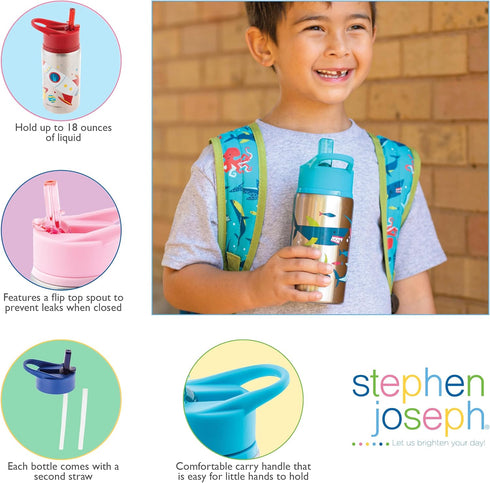 Stephen Joseph Stainless Steel Water Bottles, 18 OZ, Insulated Reusable Tumbler with Straw Lid, Zoo