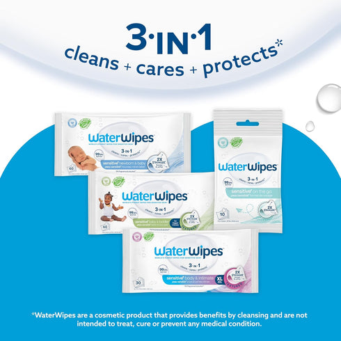 3-In-1 99.9% 240 Count (4 Packs) WaterWipes Sensitive+ Newborn & Baby Wipes, Cleans, Cares, Protects, Water, Unscented
