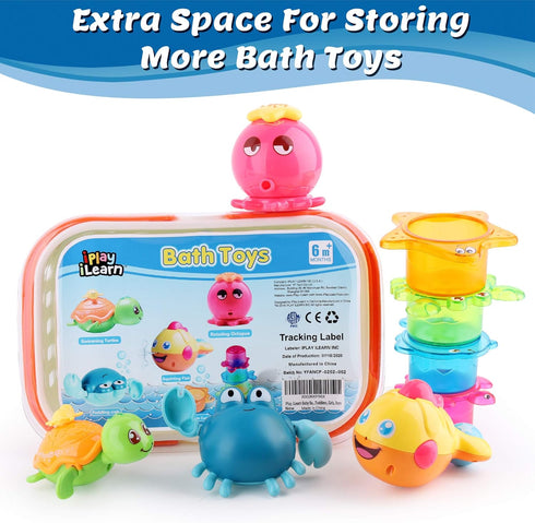 6 9 12 18 1 2 3 iPlay,iLearn Baby Bath Toys w/ Organizer, Infant Bathtub Shower Toy, Wind up Turtle, Water Squirt