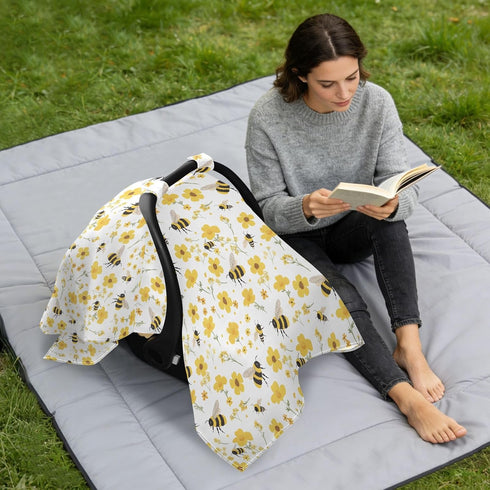 Dalzium Bumblebees and Yellow Flowers Car Seat Cover Baby, Carseat Canopy Cover for Girl Boy, Breathable Baby Carrier