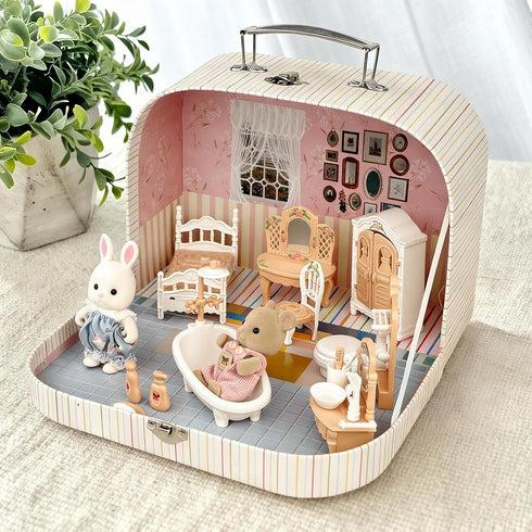 Set 2 3+ TUZT Suitcase Dollhouse Furniture for Kids, Mini Dollhouse Box with Flexible Dolls and Bedroom&Bathroom