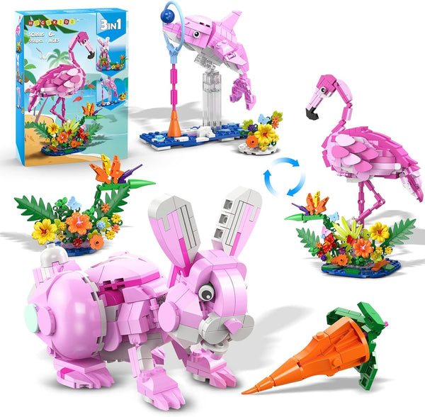 HOGOKIDS Easter Bunny 3 in 1 Pink Building Set with Flowers, Animal