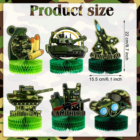 6 Pcs Army Camo Party Decorations - Military Themed Honeycomb Centerpieces for Birthday Baby Shower Table Decor