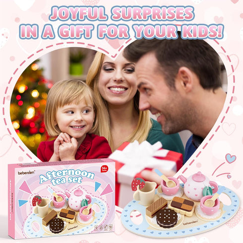 Wooden Tea Set for Little Girls, Birthday Gift for 2-4 Year Old, Play Food Sets for Kids Kitchen Accessories