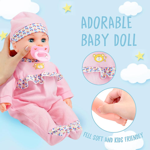 Toy Choi's 16 Inch Interactive Baby Doll, Pink - Talking Feeding Doll with Sounds and Accessories