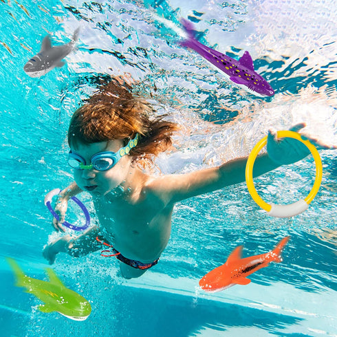 Swimming 4-8, 8 Pack Pool Diving Toys, Underwater Pool Toys for Kids Ages Diving Rings and Training Sharks for Learning