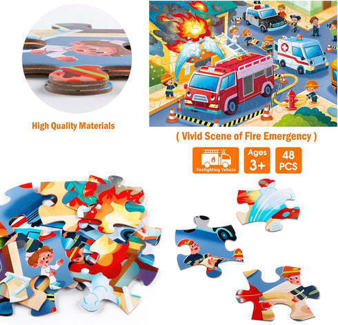 Puzzles,48 3-5,Children 4-8 Jumbo Floor Puzzle for Kids,Fire Rescue Jigsaw Large Piece Firefighter Fireman Fire Truck