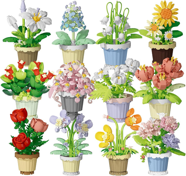 Jollcnoia 12 Set Mini Flower Potted Plant Bonsai Building Toy Blocks Artificial Particle