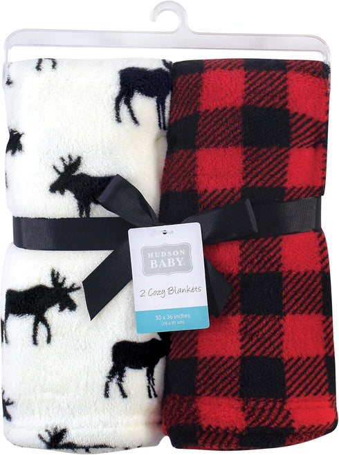 Hudson Baby Unisex Baby Silky Plush and Coral Fleece Blanket, Buffalo Plaid Moose, 30x36 inches