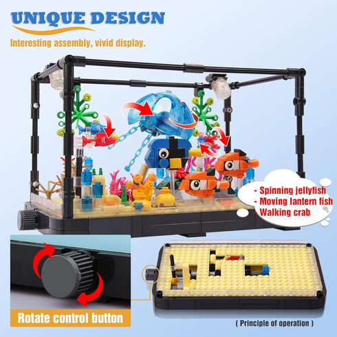 Fish Tank Building Block, Lighting Aquarium Building Sets for Adults and Kids, Ocean Jellyfish, Dolphin, Turtle, Crab,