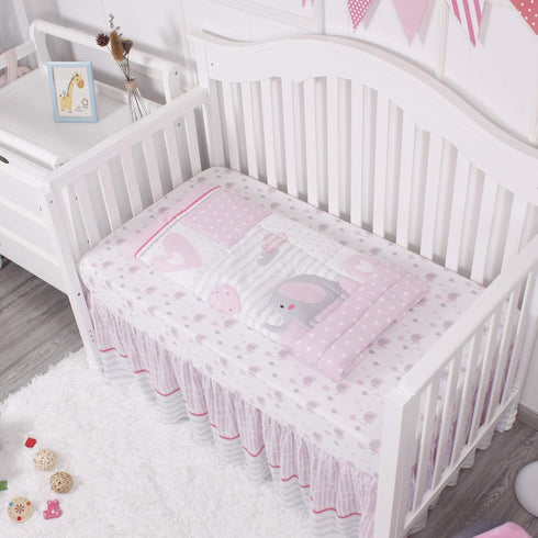 Set 3 Set La Premura Baby Crib Bedding for Girls, Pink Elephant & Love Balloons Piece Standard Size Nursery Crib
