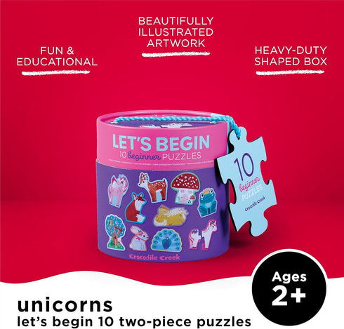 Crocodile Creek Let’s Begin Puzzle, Ten 2-Piece Beginner Puzzles for Ages 2+, Heavy-Duty Canister for Storage, Each Puzzle is Approximately 6 x 4 inches, Colorful Unicorns Design