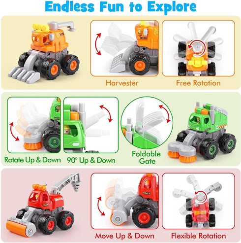 ORWINE 4PCS 2 3 4 5 2-3 Baby Boy Toys Cars, Push and Go Cars for Kids, Friction Powered Stunt Trucks, Construction