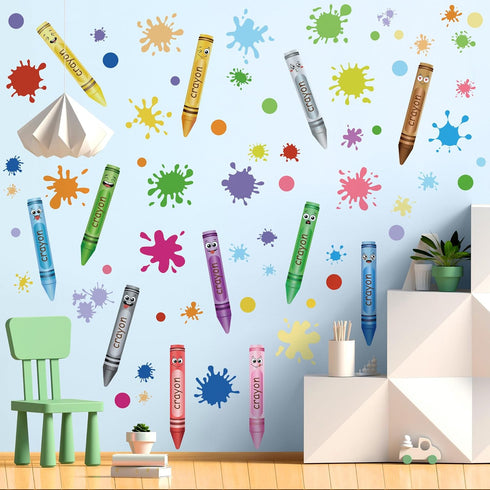10 Sheets Creative Colorful Crayons Wall Decals Watercolor Ink Splash Dots Pens Wall Stickers DIY Removable Peel