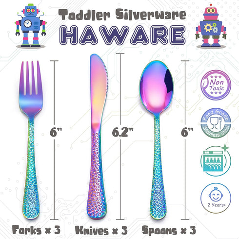 HaWare 9-Piece Toddler Kids Silverware Set, Stainless Steel Hammered Flatware, Preschooler Eating Utensils Includes 3 Spoons 3 Forks 3 Knives, Metal Children Cutlery for Home School, Mirror Finished by HaWare