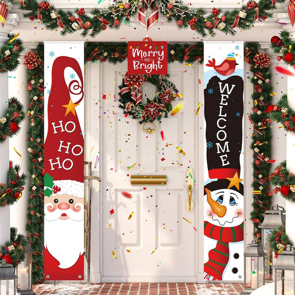 Sumind 3 Pieces Christmas Banner Decorations, Bright Santa Claus Snowman Red Welcome Merry Christmas Porch Sign