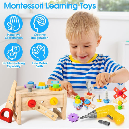 Set 39 3 4 5 6 Kids Tool with Electric Drill, Pcs Wooden Toddler Play Tool Bench Kits with Tool Box, Montessori STEM