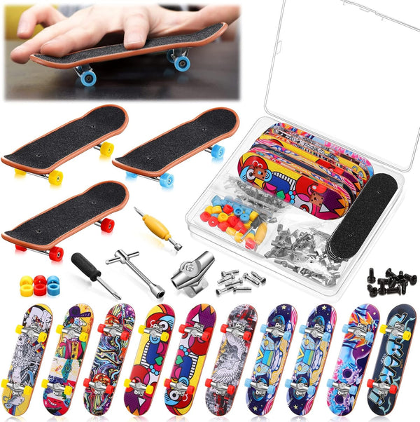 Civaner 10 Pack DIY Kids Finger Skateboard Set with Box, Mini Collectible Finger Toy Kit, Replacement Accessories