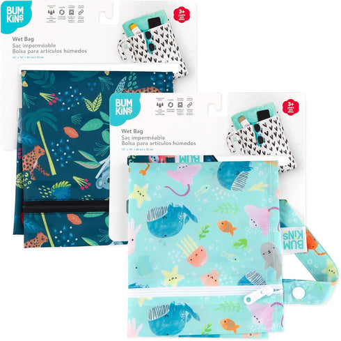 2pk Bumkins - Waterproof Wet Bag - For Baby, Travel, Swim Suit, Cloth Diapers, Pump Parts, Pool, Gym, Toiletry, Strap