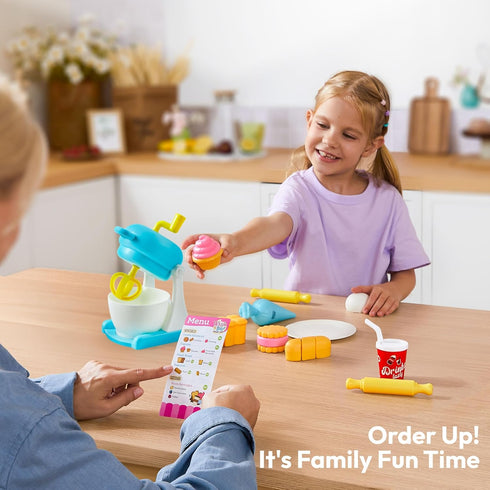 lalalark Playset, 16 Whisk n' Bake Bakery Mixer Pieces Toy Kitchen and Food Accessories with Play Money and Menu, Role