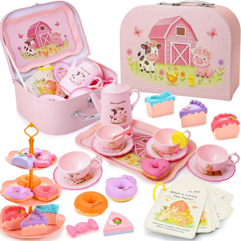 Lajeje Pink Barn Tea Party Set for Little Girls, 47PCS Farm Animal