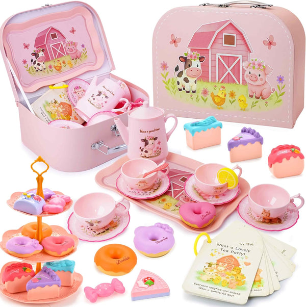 Lajeje Pink Barn Tea Party Set for Little Girls, 47PCS Farm Animal