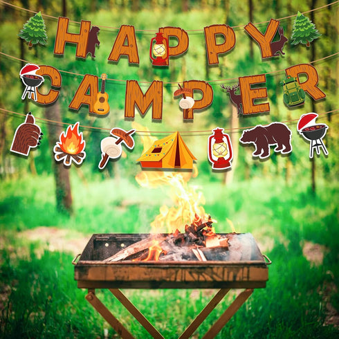 Camping Party Banner, Happy Camper Fun House Banner with Campfire Tent for Birthday Party Decorations