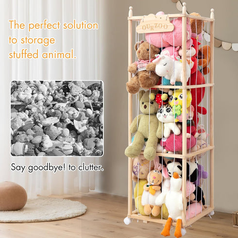 Nuoex Stuffed Animal Storage, Wooden Zoo Toy Storage Holder with Wheels, Extra Large Capacity Stuffed Animals Organizer