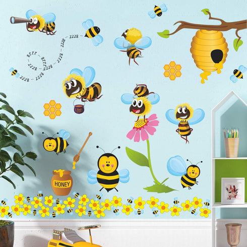 RW-1061 3D Bee Wall Decals, Cartoon Animals Stickers, DIY Removable Wall Art Decor for Kids Nursery