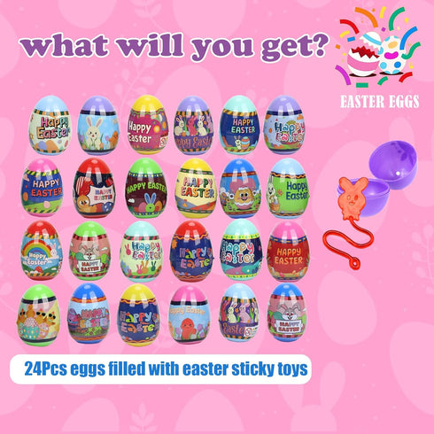 VOMAOK 24pcs Prefilled Easter Eggs with Easter Sticky Hands Toy Inside for Kids Boys Girls Easter Basket Stuffers,Eggs