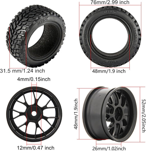 4PCS 76mm/2.99inch RC Rally Car Tyres, 12mm Hex Hub Rubber Tires & Plastic Wheel Rims for 1/10 RC Touring Car Buggy