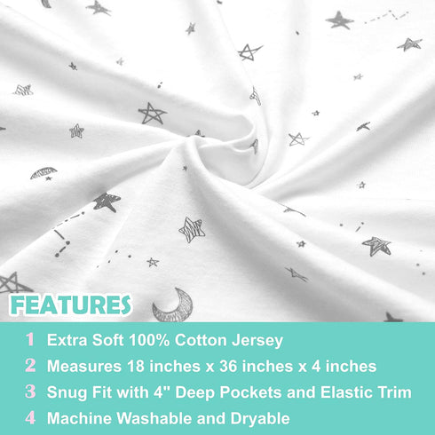 TL Care Printed 100% Natural Cotton Jersey Knit Cradle/Bassinet Sheet, 18 x 36 Fitted, Gray Stars and Moons
