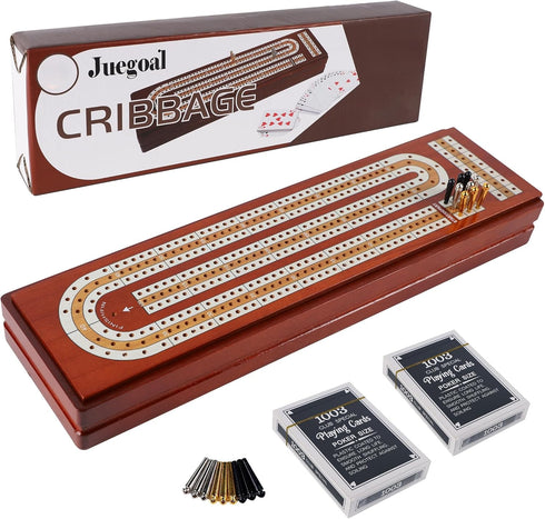 Juegoal Upgrade Wood Cribbage Board Game Set, Solid Wooden Continuous 3 Track