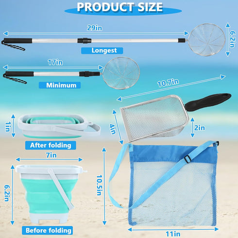 fethwoin 6 8 10 12, Shark Tooth Sifter, Beach Sand Sifter, Sea Shell Scooper for Beach, Shell Bags&Foldable Bucket