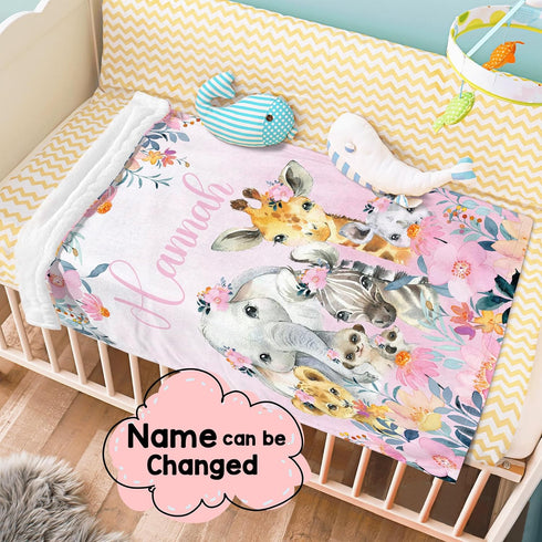 J&SBGFT 30"x40", Color6 Personalized Baby Girl Blanket, Customized Safari Swaddle, Name Receiving Blanket, Custom