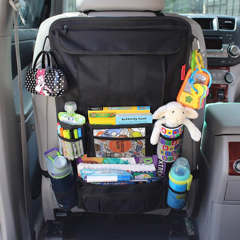 12 Lusso Gear Backseat Car Organizer- Kick Mat Protects Against Kids Feet - Large Storage Pockets - iPad,Tablet, Water