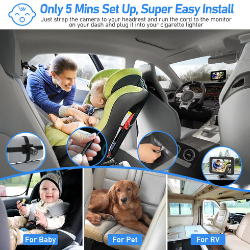 4.3" 5 Itomoro Baby Car Camera USB Plug, HD Car Baby Monitor with Camera Night Vision, Safety Seat Baby Car Mirror