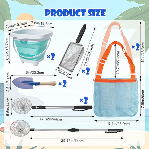 10 Pack Set Beach Toys Adjustable Extra Long Sand Sifter Mesh Shovel Mesh Beach Bag for Kids Foldable Beach Bucket