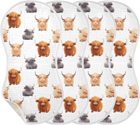 KEIGE 4Pcs Cute Highland Cow Pattern Burp Cloth,Unisex Large Absorbent Soft Cotton Muslin
