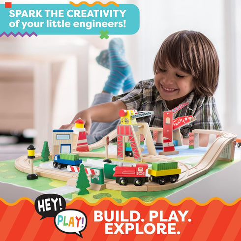 Set 75-Pieces Wooden Train with Play Mat for Kids - Including Deluxe Wood Tracks, Trains, Cars, Boats, and Accessories