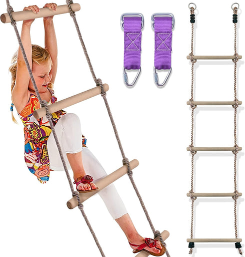Wooden Climbing Rope Ladder for Kids - Ninja Warrior Obstacle Course Accessory for Swing Set & Treehouse