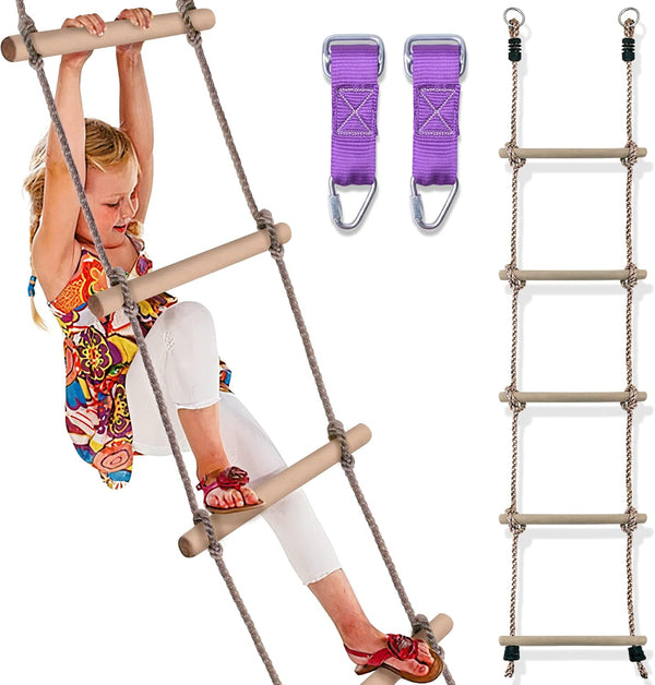 Wooden Climbing Rope Ladder for Kids - Ninja Warrior Obstacle Course Accessory for Swing Set & Treehouse