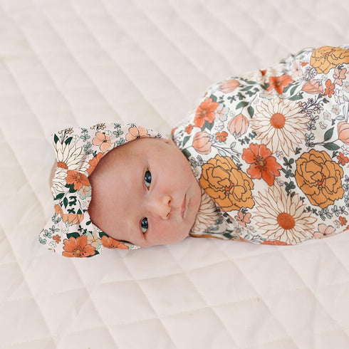 Konssy Baby Girl Newborn Receiving Blanket with Floral Motif Headband Set, Nursery Swaddle Wrap